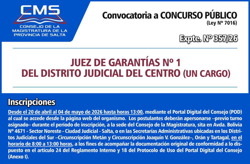 Convocatoria a Concurso Público para cubrir un cargo de Juez de Garantías N° 1 del Distrito Judicial del Centro – Ley Nº 7016