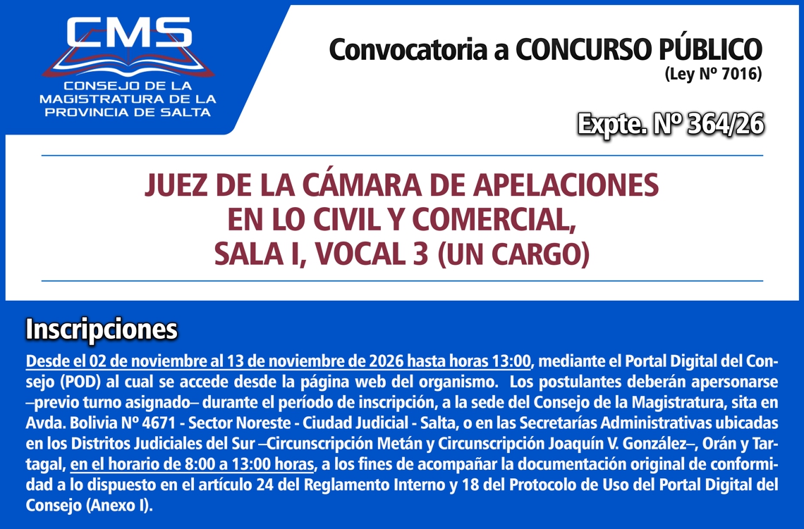 Convocatoria a Concurso Público para cubrir un cargo de “Juez de la Cámara de Apelaciones en lo Civil y Comercial, Sala I, Vocal 3 – Ley Nº 7016”
