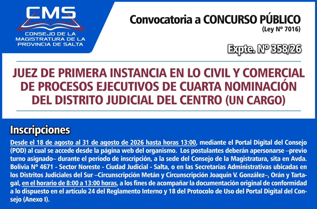 Convocatoria a Concurso Público para cubrir un cargo de Juez de Primera Instancia en lo Civil y Comercial de Procesos Ejecutivos de Cuarta Nominación del DJ del Centro – Ley Nº 7016